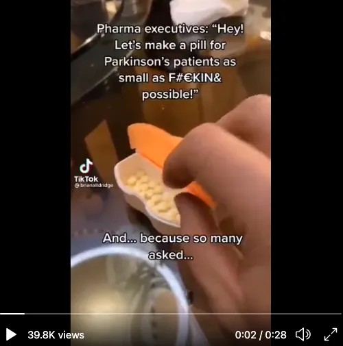 Image from viral TikTok video showcasing difficulty of taking medication from normal pill bottle, which inspired 3D printed solution, leveraging TikTok community